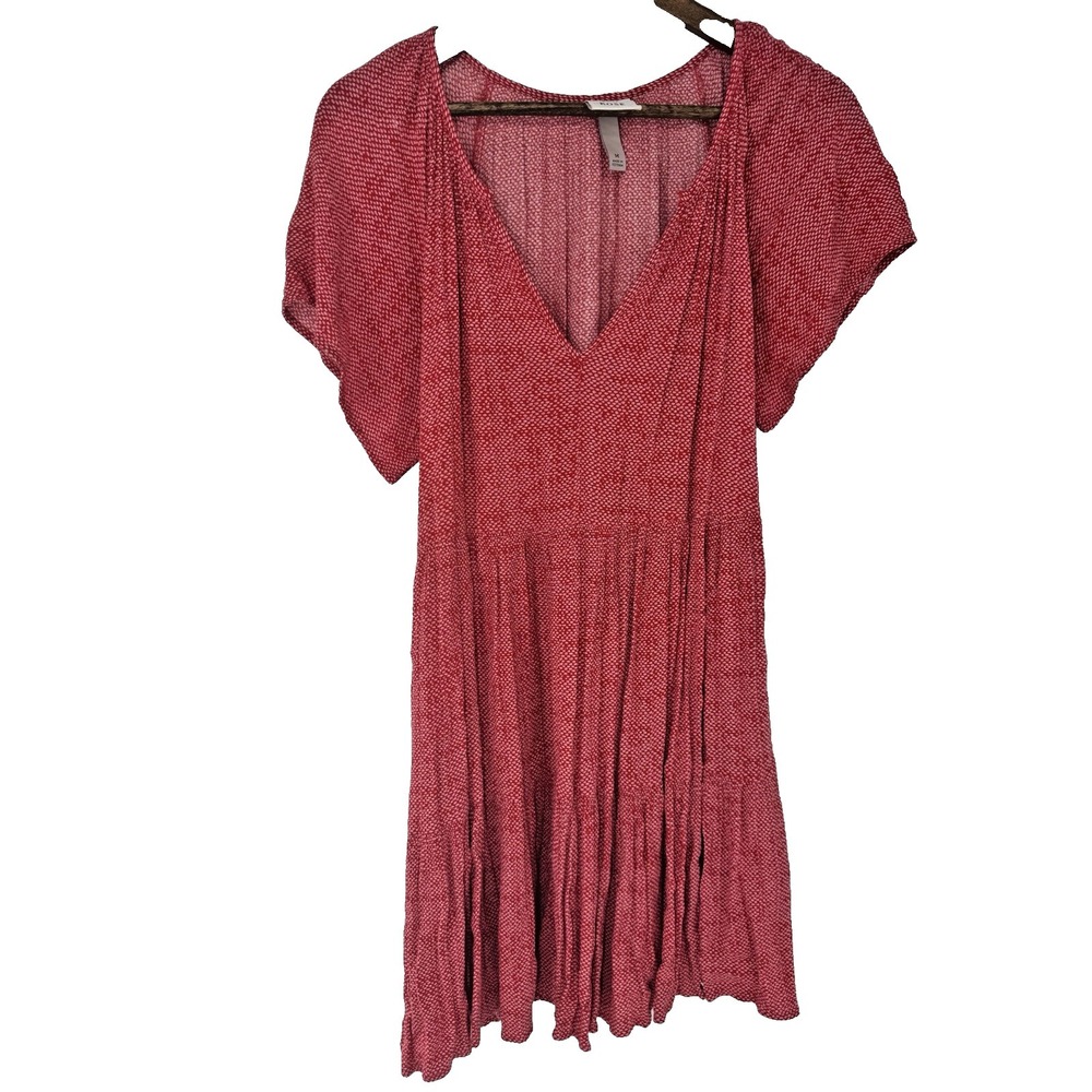 Knox Rose Red White Polka Dot Tiered‎ V-Neck Mini Dress Pockets teacher boho